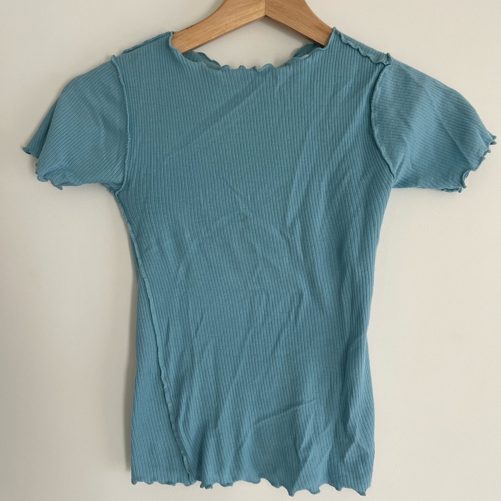 Elegant Blue Ribbed Short Sleeve Top